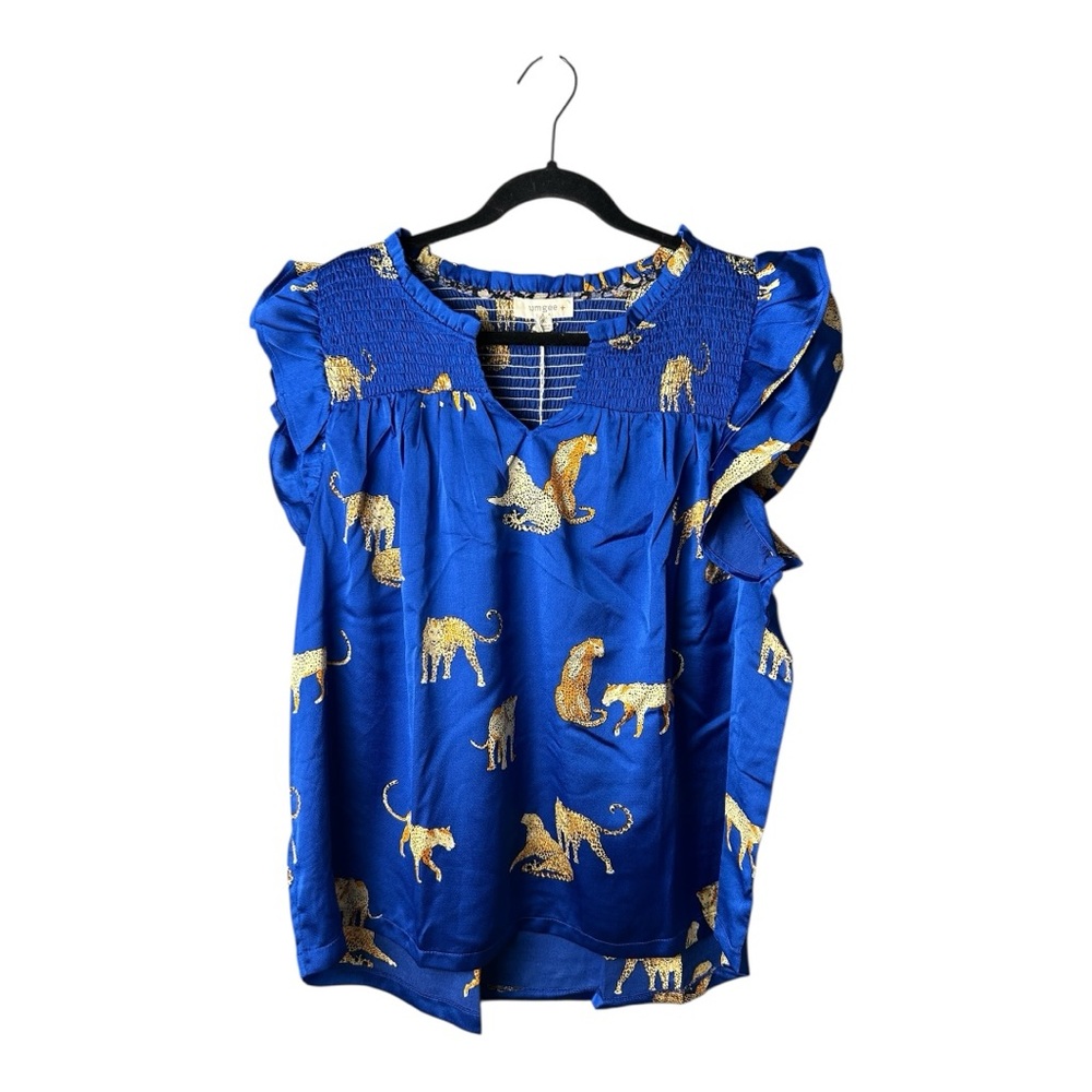 Umgee Women's Royal Blue Smocked Detail Cheetah Top with Gold Accents Size XL - Picture 4 of 9